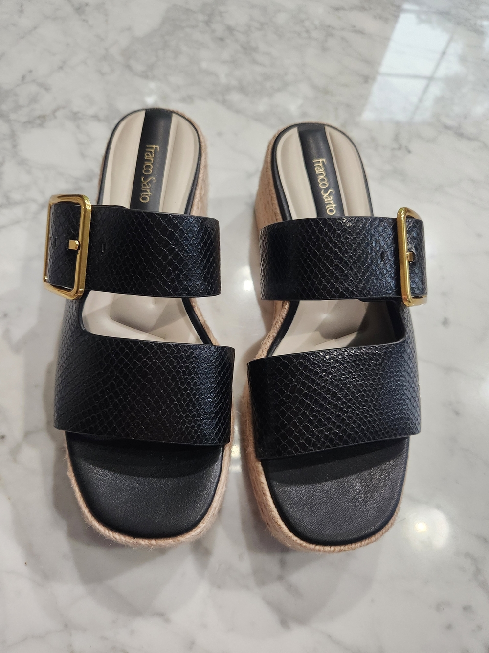 Franco Sarto Black Double-Strap Slide Mules with Gold Buckles, LIKE NEW.